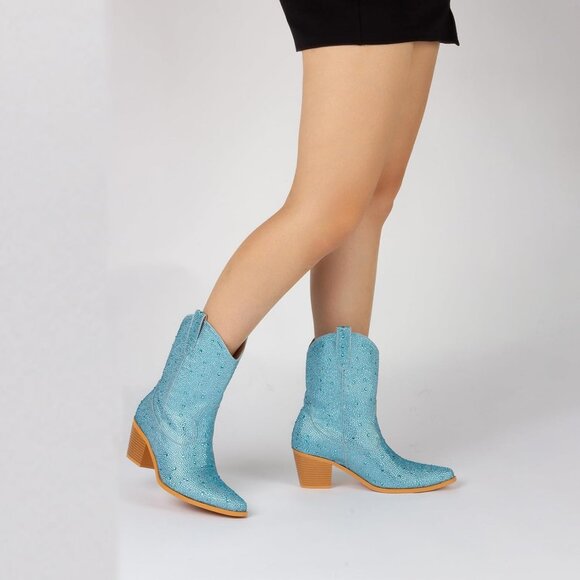Women Sparkly Rhinestone Cowboy Boots Pointed Toe Mid Calf Block Heel sky blue - Picture 5 of 5